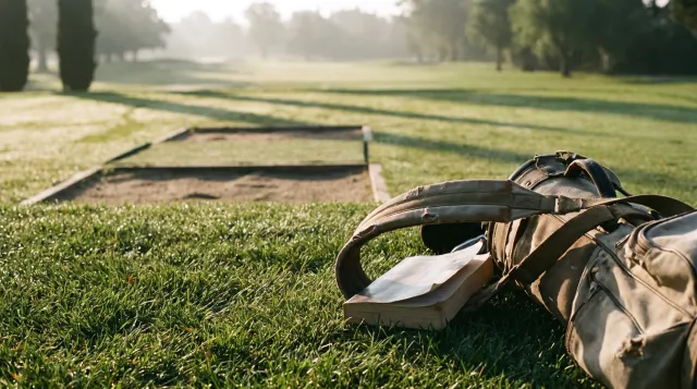 Open paperback lying face down in dewy grass beside a worn canvas golf bag, empty tee box and quiet fairway behind it in early morning light