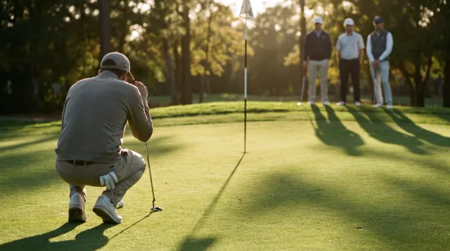 Golfer crouched behind his ball reading a putt while three playing partners wait at the back of the green, long late afternoon shadows