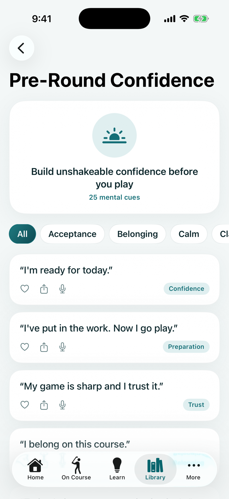 ZenCaddie golf affirmations screen