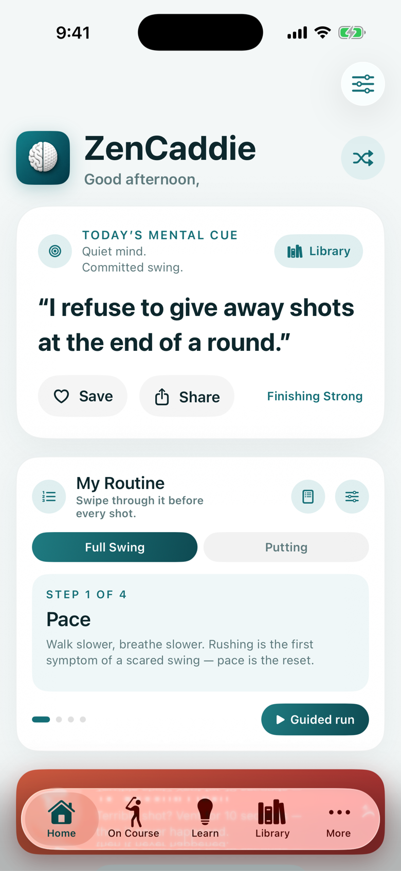 ZenCaddie golf mental game app screenshot showing today's mental cue