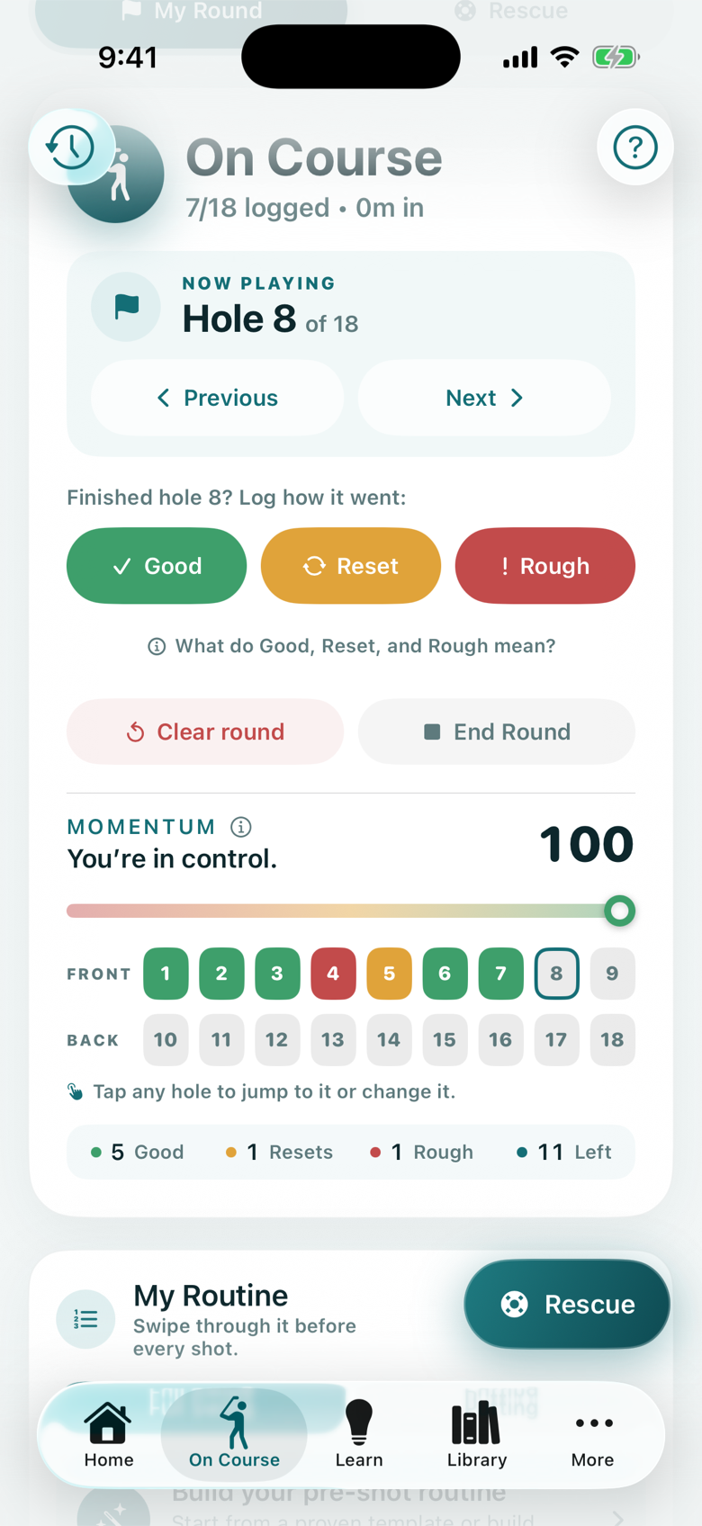 ZenCaddie round momentum tracker screen